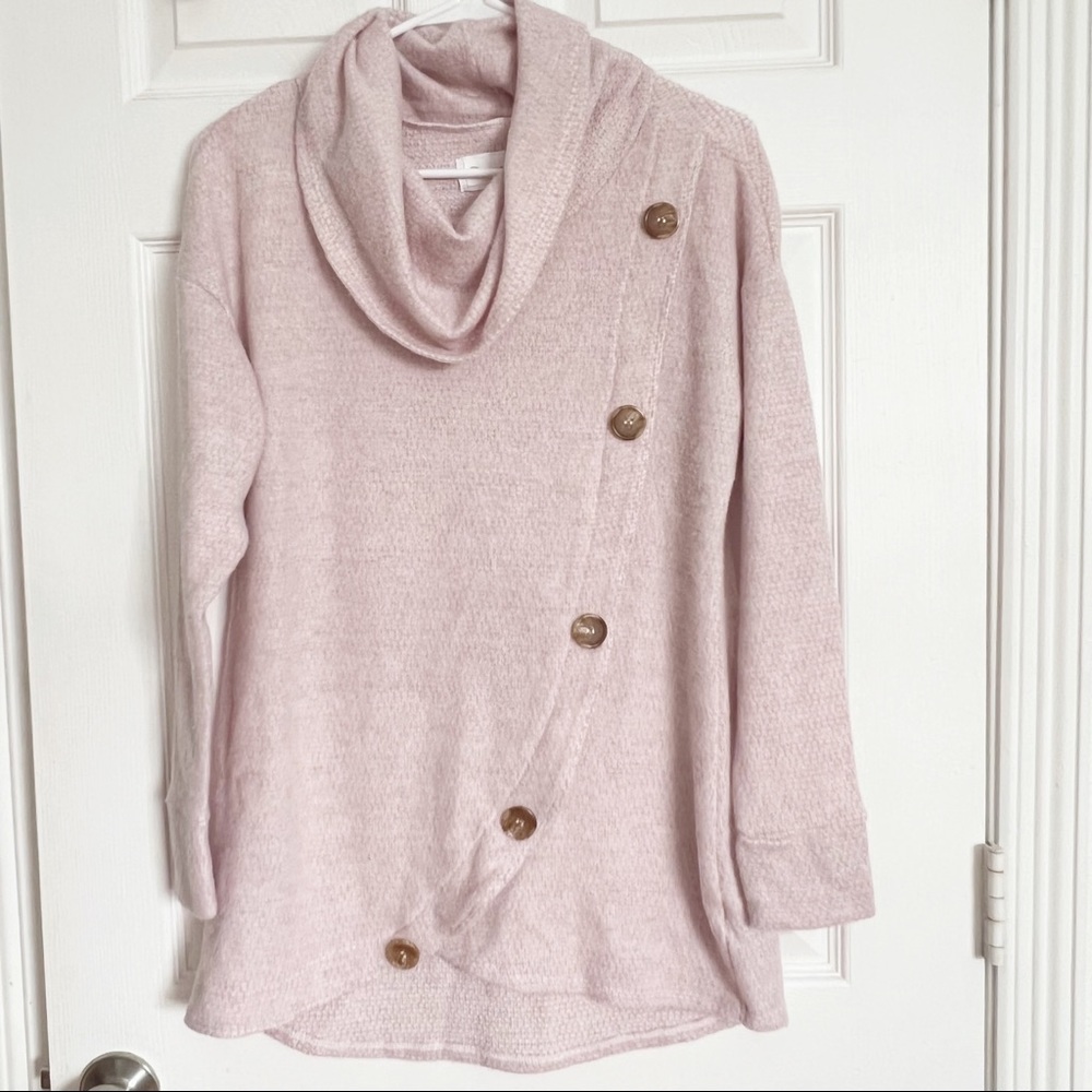 French Laundry | Cowl Neck Asymmetrical Front Buttons Sweater